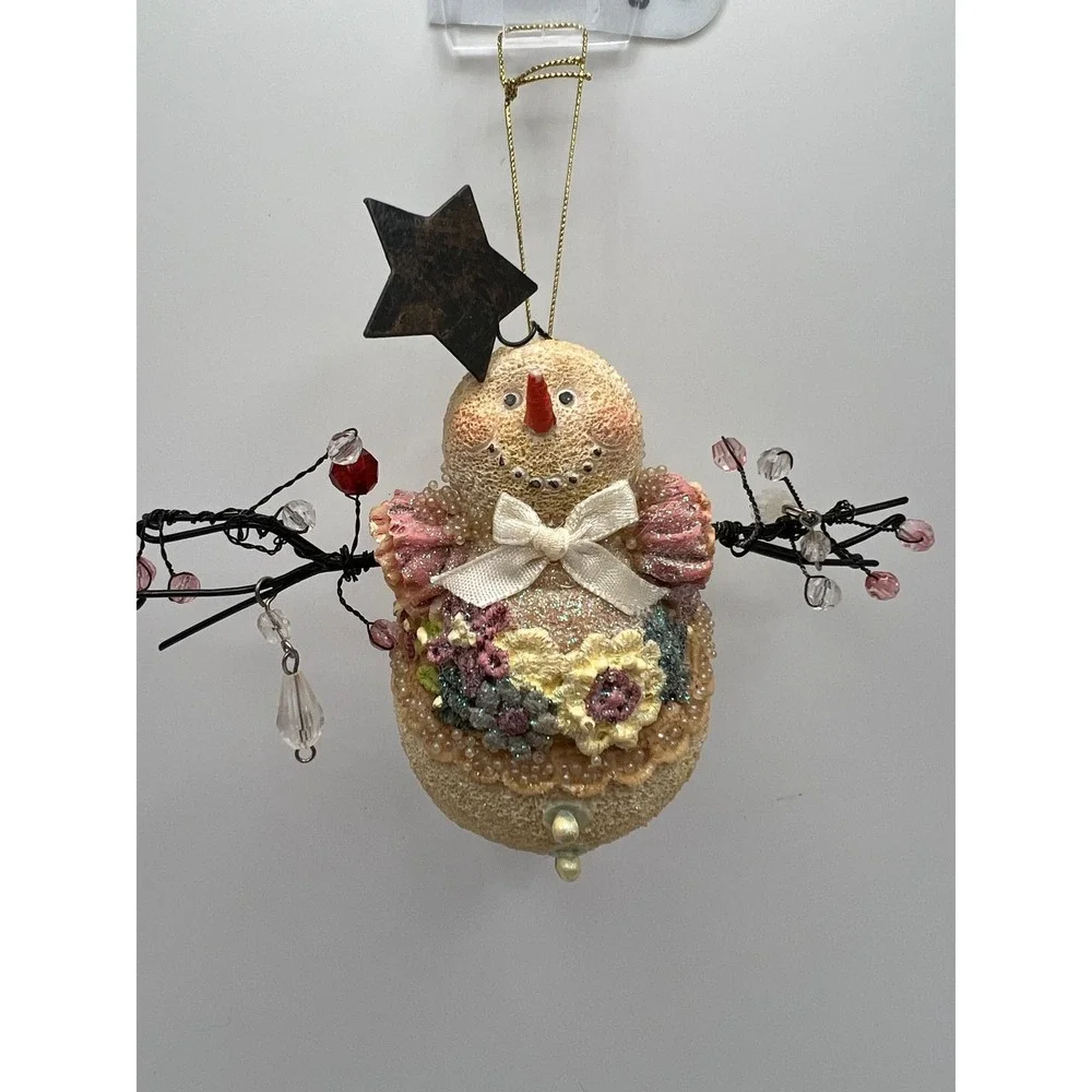 Snowman Ornament Victorian Lace Beaded Cottagecore Shabby Chic Pink Cream Resin